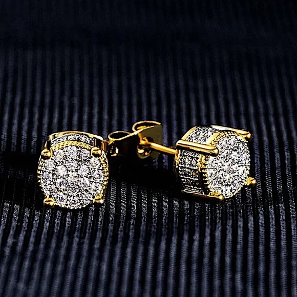 Gold Round Cut Moissanite Circle Shaped Pave Diamond Zircon Stud Earrings - Picture 7 of 9